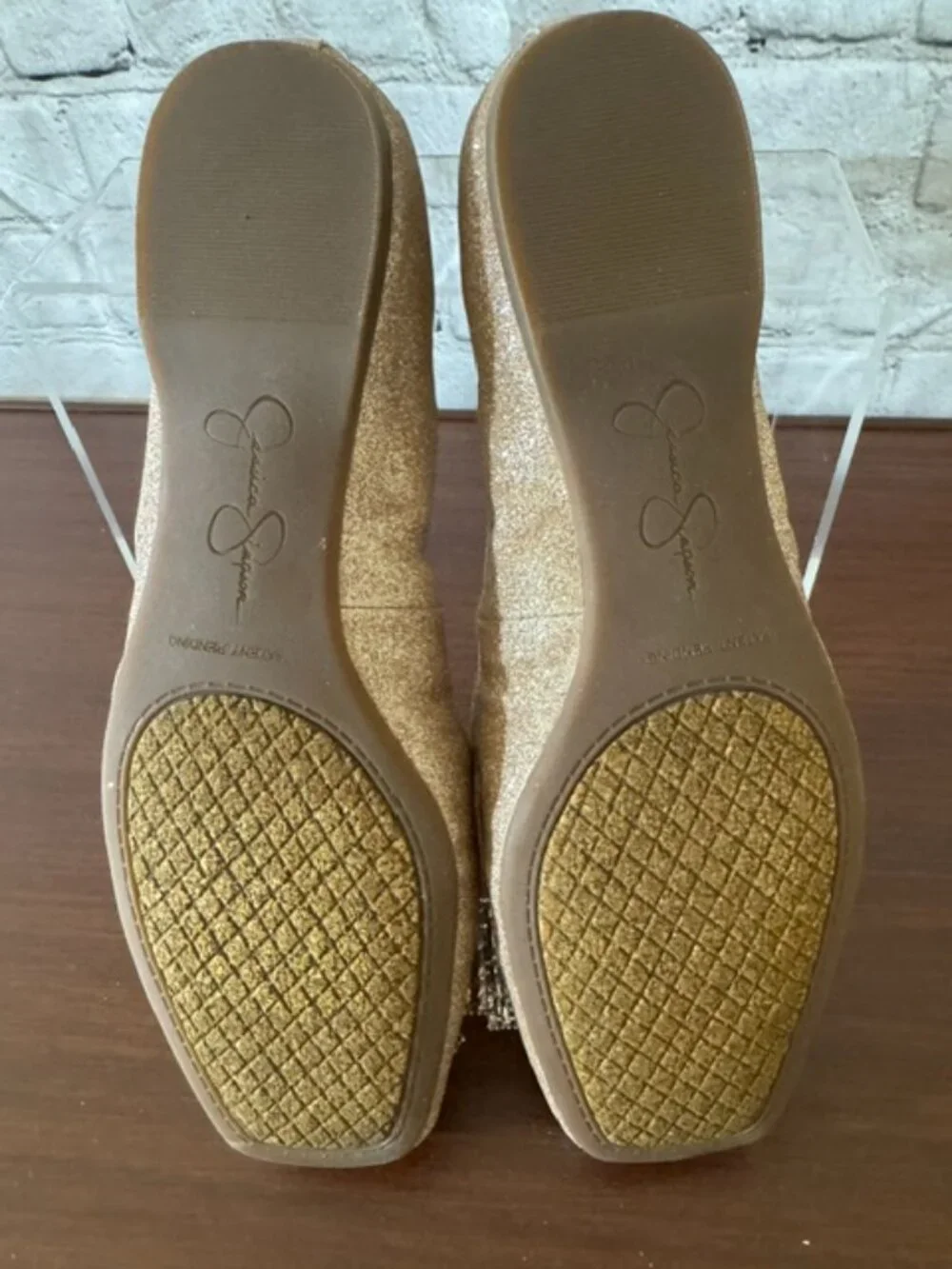 Jessica Simpson Gold Glitter Rhinestone Bow Flats Square Toe Size 6M